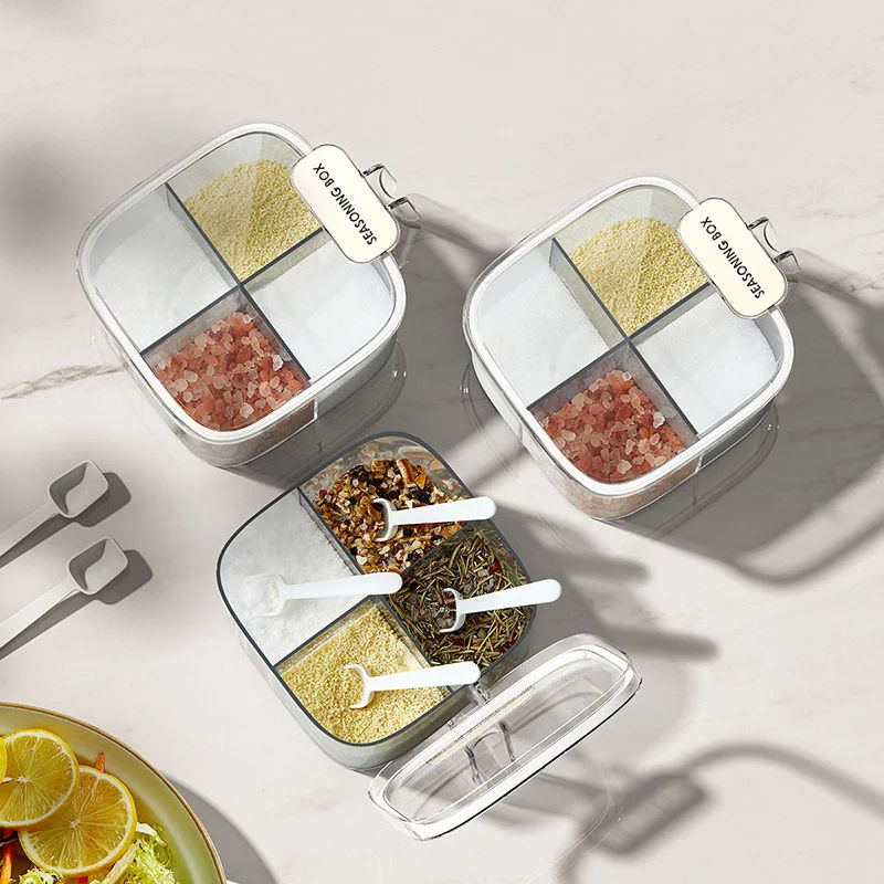 4-Grid Spice Storage Box – Multi-Section Seasoning Organizer with Spoon