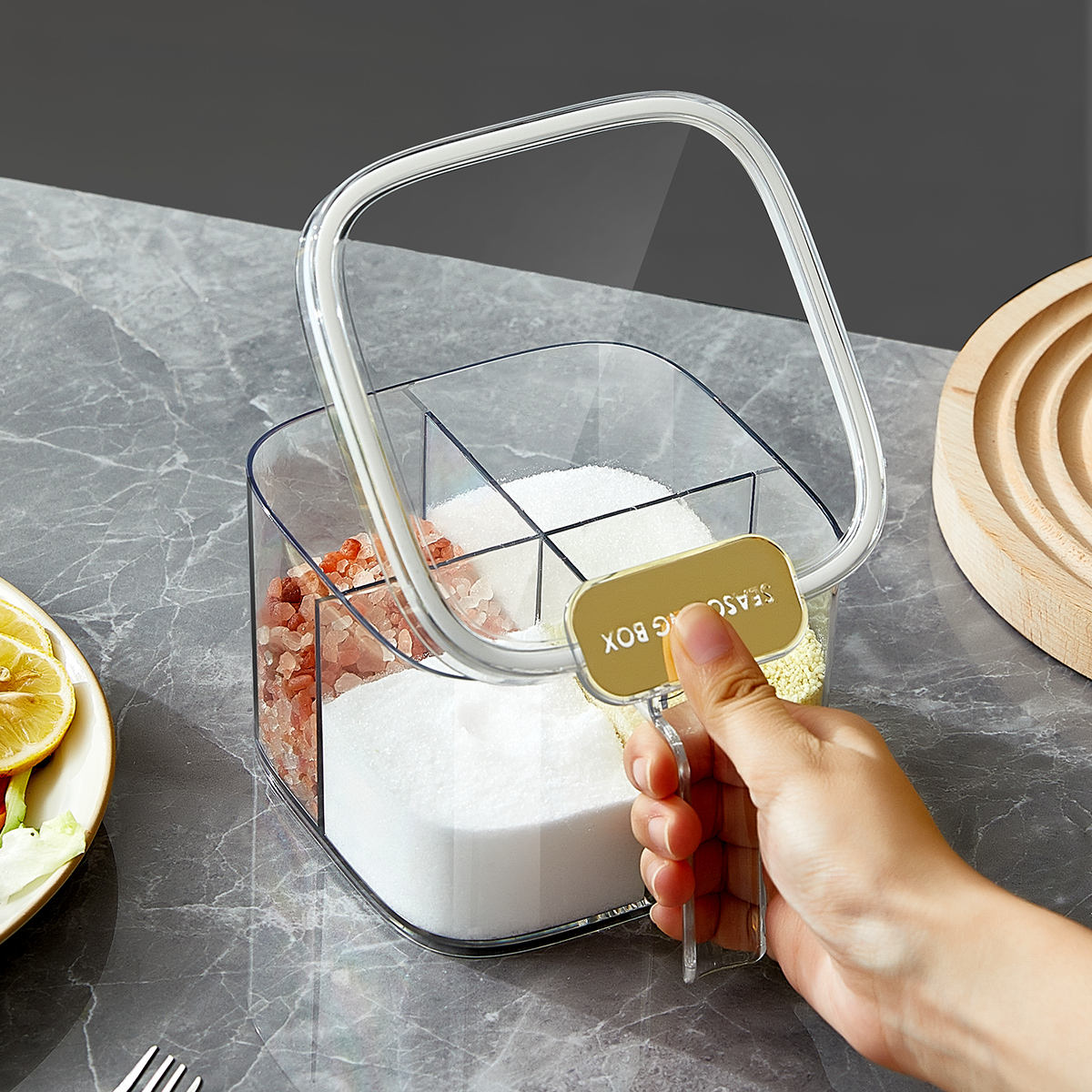 4-Grid Spice Storage Box – Multi-Section Seasoning Organizer with Spoon