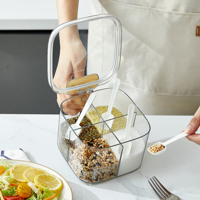 4-Grid Spice Storage Box – Multi-Section Seasoning Organizer with Spoon